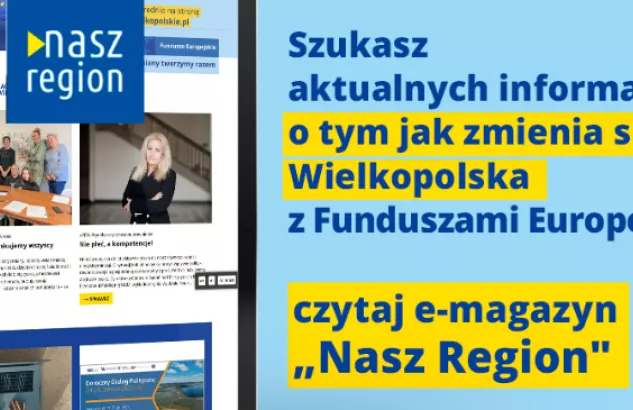 Na zdjęciu widać ekran tabletu w wyglądem strony, z prawej strony informacja, że jeśli szukasz informacji o naborach to czytaj e-magazyn Nasz Region